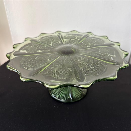 Vintage Green Thistle Pattern Glass Pedestal Cake Stand Scalloped Edge - Etsy
