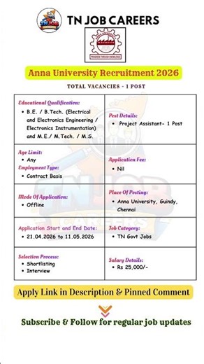 Anna University Recruitment 2026 🔥 Project Assistant Job#job #annauniversity #latestjobs #latestjobs