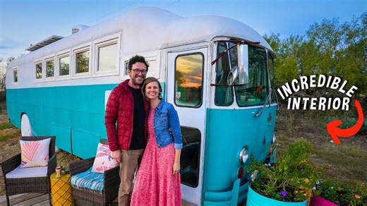 Couple builds stunning vintage bus tiny home then tiny farm community