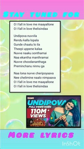 Undipova 💖 nuvvila song lyrics in English #love #lyrics #song