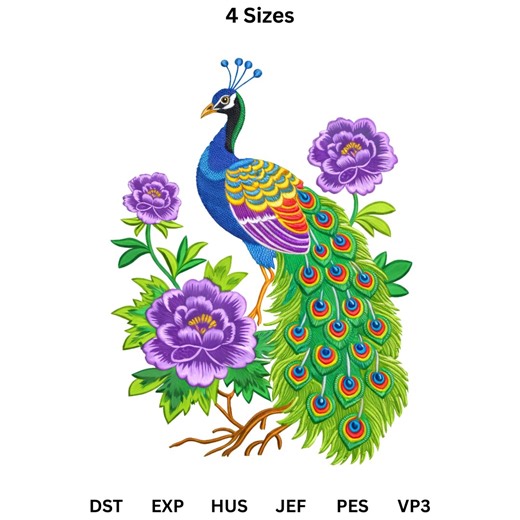 Floral Peacock Machine Embroidery Design, Flowers Embroidery Pattern, Trendy Digital Download, 4 Sizes - Etsy
