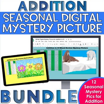 Math Fact Pixel Art Digital Mystery Picture BUNDLE for Addition to 20 Snow Day