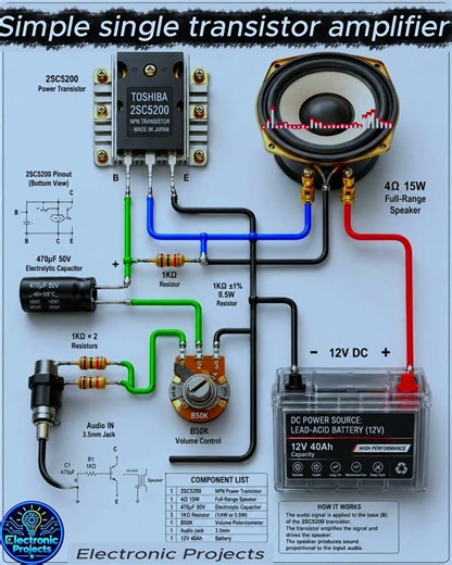 A simple transistor amplifier using a 2SC5200 NPN transistor 📢#electronic projects #diyprojects #diy
