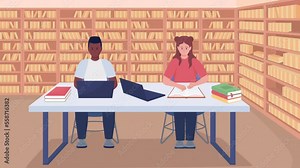 Animated students study in library. Learning on campus. Pupils with laptops. Looped flat color 2D cartoon characters animation with school environment on background. HD video with alpha channel