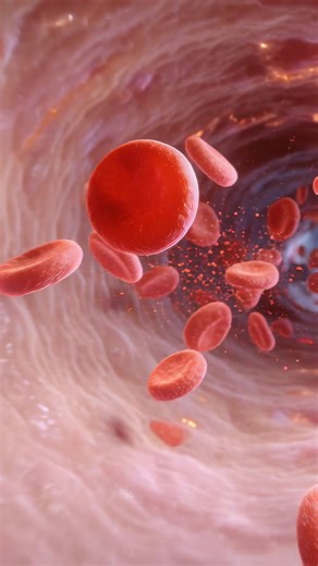 Vertical video: Camera pulling, drifting RBC cluster rotating in lumen, being carried by blood flow | Premium Stock Video Footage