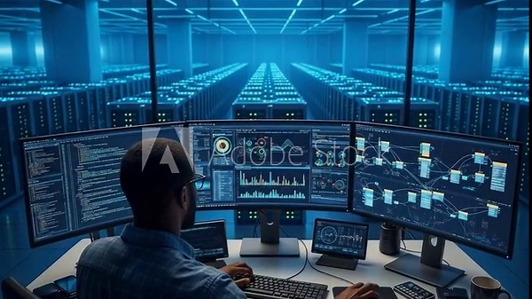 Man at a multi-monitor workstation in a blue-lit data center control room, coding and monitoring data