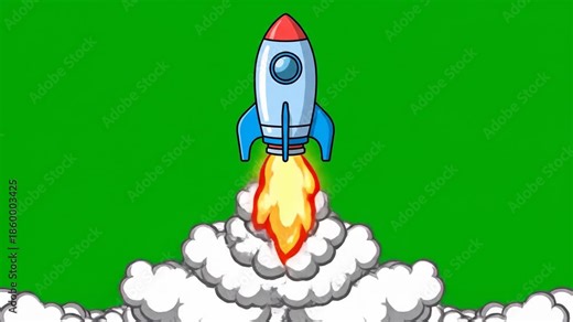 A cartoon rocket launching into the air with a trail of fire and smoke against a green background.