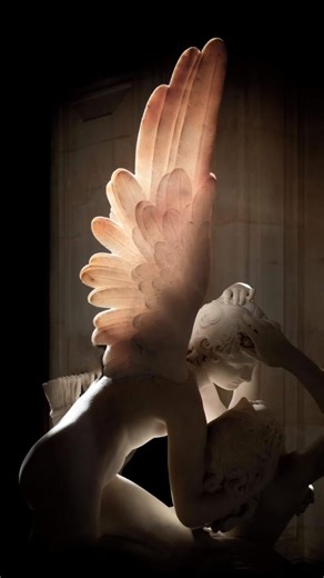 In the Louvre Museum in Paris, there is a marble sculpture whose wings are carved so thinly that when sunlight passes through them, the stone glows gold...The sculpture is called Psyche Revived by Cupid's Kiss and it was carved by Antonio Canova between 1787 and 1793.The story comes from Lucius Apuleius's Latin novel Metamorphoses, written in the 2nd century AD. Psyche is a mortal princess so beautiful that the goddess Venus grows jealous of her and orders her son Cupid to make Psyche fall in lo
