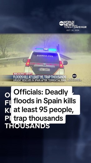Catastrophic flooding in Spain has left at least 95 dead, a reported 2,000 trapped and many residents still missing. Streets in the #Valencia region were swallowed by waters after almost a year’s worth of rain fell within hours. #IanPannell has more. #WorldNewsTonight #WNT #DavidMuir #News #ABCNEWS