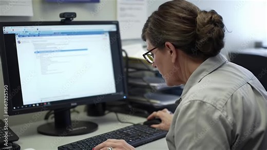 Professional woman working at computer in office, focused on task, data analysis and technology