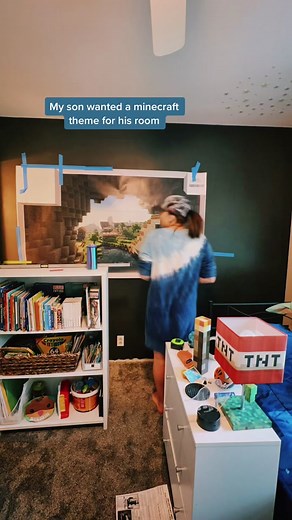 He loves it! #diy #minecraft #kidsroom #kidsbedroom #project #amazonfinds #torch #cave #bedroomideas #decor #mural #lightswitchcover #bedroommakeover #bedroomtheme