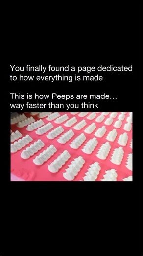 How Everything Is Made on Instagram: "They look simple, but Peeps are a speed-run of candy science. Hot marshmallow is shaped, sugar-coated, cooled, and packaged in minutes. That crunchy coating isn’t decoration — it’s what helps the marshmallow set and keep its shape. A seasonal candy made almost entirely by timing, temperature, and sugar chemistry. #howitsmade #candyprocess #marshmallow #foodfactory #didyouknow"