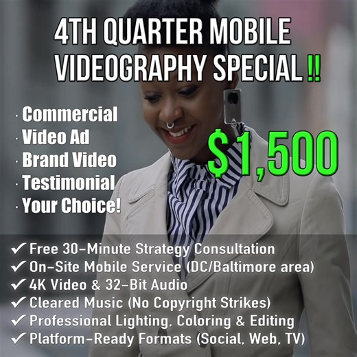 Get a Professional Video Shot & Edited For Your Business Now For Only $1,500 🎥❗️ The 4th Quarter Mobile Videography Special is a limited time, all-inclusive offer for DC and Baltimore area businesses to create high-impact content for a low flat rate. This special allows you to select one professional video type—a Commercial, Video Ad, Brand Video, or Testimonial. Have A Different Video Type In Mind? Pitch it during our free consultation. Our 4th Quarter Special Includes EVERYTHING: ✅ Free 30-Mi