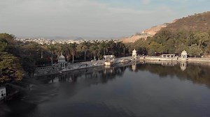 Download 4k aerial footage pan of the lakeside city of Udaipur, India. for free