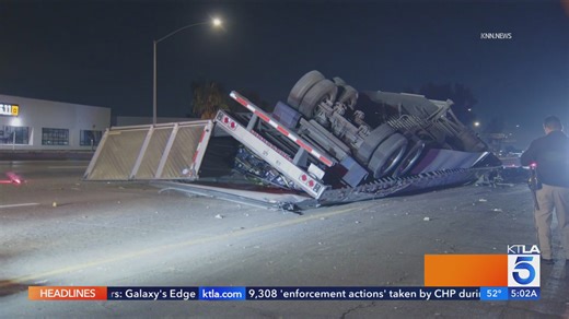 Overturned big rig spills corn across 10 Freeway, shutting lanes in San Bernardino
