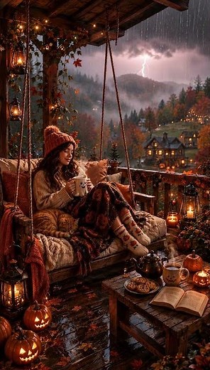 🎃 Cozy Rainy Halloween Porch | Relaxing Thunderstorm, Fall Ambience & Warm Coffee ☕🌧️
