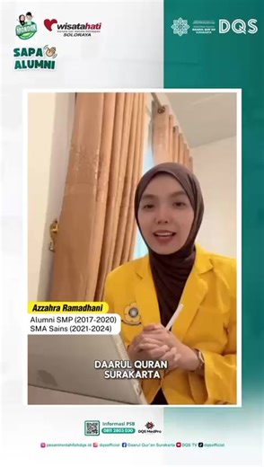 “Sapa Alumni DQS”🧕🏻✨ Selamat datang di Sapa Alumni DQS! Wadah buat kita saling berbagi cerita, inspirasi, dan kabar terbaru setelah lulus. Sapa alumni kali ini yaitu Kaka Azzahra Ramadhani yang merupakan Alumni DQS dari SMP (2017-2020) sampai dengan SMA Sains DQS (2021-2024). Saat ini menempuh pendidikan di Universitas Sriwijaya (UNSRI) yang ada di Palembang Sumatra Selatan Fakultas Ilmu Sosial dan Ilmu Politik Prodi Hubungan Internasional. Penerima Beasiswa Koperasi yang hanya bisa didapatkan