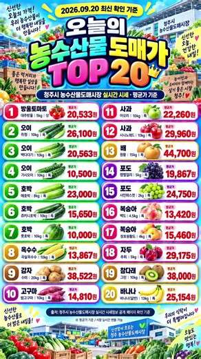 오늘 농산물 도매가 TOP20🔥 사과·포도·감자 가격 한눈에｜2026.09.20 실시간 시세 #Shorts #농산물가격 #도매가격 #농산물시세 #오늘의시세