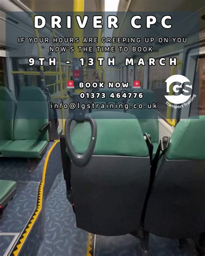 🚛 Do You Need Driver CPC? 9th–13th March | Frome If your hours are creeping up on you… now’s the time. Don’t leave it until you’re stressing about your deadline. Get booked in. Get it done. Stay legal. ✔️ 35 hours in one week ✔️ Or choose the days you need (7 hours per day counts) ✔️ LGV & PCV drivers welcome (Class 1, 2, Bus, Coach, Minibus) ✔️ Keep your Driver Qualification Card (DQC) valid 📍 Frome, Somerset 📞 01373 464776 (Option 1) https://www.lgstraining.co.uk/driver-cpc-training LGS Tra