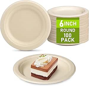 Small Paper Plates, 100 Pack Paper Plates 6 inch, 100% Compostable Plates Eco Friendly Disposable Plates, Small Dessert Plates, Brown