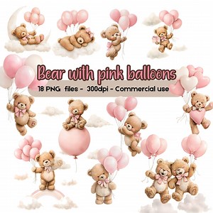 Cute Teddy Bear With Pink Balloons PNG Clipart Bundle, Baby Shower Clipart, Nursery Wall Art, Birthday Party Sublimation - Etsy