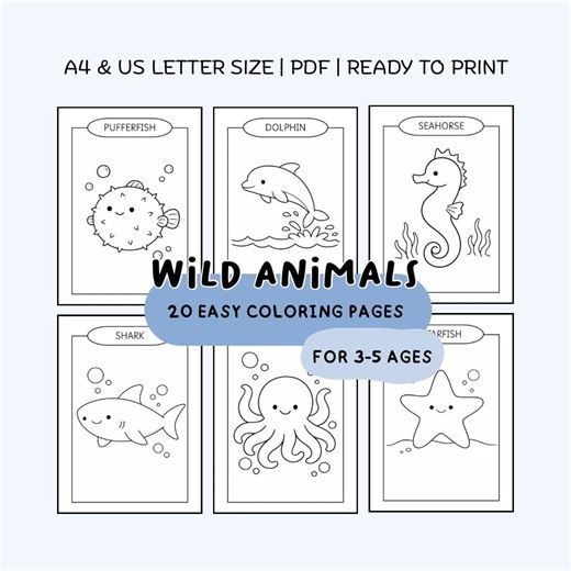Easy Coloring Pages for Kids (ages 3–5) | Sea Animals | Bold Shapes for Preschool Printable PDF - Etsy