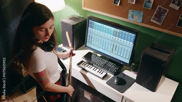 Music production studio. Asian woman recording electro guitar song music. Producer woman working in the recording studio with computer and mixer creating music in sound recording studio. Professional