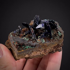 Azurite with Malachite - Christiana Mine, Lavrion, Lavreotiki, Attica, Greece More info: https://www.irocks.com/minerals/specimen/51729 Aesthetic and impressive Azurite in unusually large textbook crystals for the great mines at Lavrion, Greece. Up to a significant 1.8 cm, these Azurites have excellent luster, fine form, and an attractive, deep-blue color combined with a translucency (when backlit) that we normally have seen only from a few pockets in Tsumeb or Morocco. Lavrion is famous for its