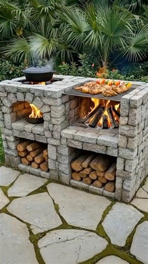 Backyard Stone Stove with Real Fire 🔥 ASMR Cooking