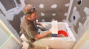 Tile shower wall tips...always use horseshoe shims between the first row and tub...if you're doing a bathroom remodel and need help, join Bathroom Repair Tutor's Video Library of over 325 step by step tutorials...make your bathroom renovations easier at https://bathroomrepairtutor.com/ 👍🏼 | Home Repair Tutor