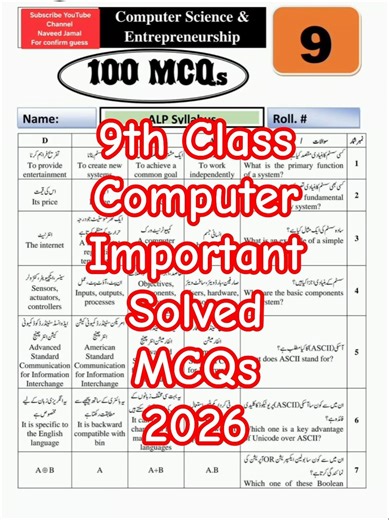 9th Class Computer Important Solved MCQs 2026 | Class 9 Computer Guess Paper MCQs with Answers