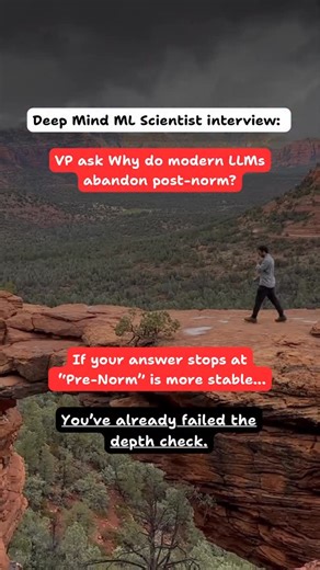 Akshay Ratnawat on Instagram: "90% of candidates answer: “Post-norm is unstable… so we use pre-norm.” Too shallow. It shows you *know the words* but not the reason behind them. Most juniors talk about: - “LayerNorm stabilizes gradients” - “Pre-norm just works better” None of that explains the real failure mode. ⭐ 𝐓𝐡𝐞 𝐒𝐨𝐥𝐮𝐭𝐢𝐨𝐧: Deep Transformers only train because of the residual flow during back-propagation- a clean identity path that gradients use to flow from the top layer back to t