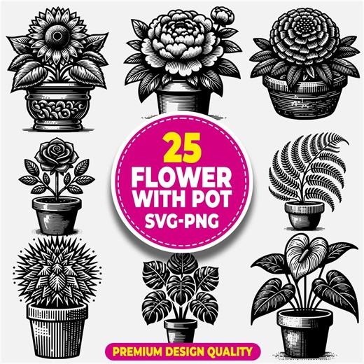 Flower With Pot SVG Bundle PNG | Floral SVG Cut Files | Plant Svg for Cricut - Etsy