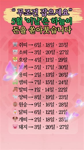 "무조건 잡으세요" 5월, 하늘에서 돈이 쏟아지는 띠별 길일 공개!