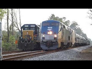 Amtrak Silver Service-Palmetto heads north while CSX rail train idles