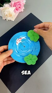 Start by taking a round cardboard cutout and coloring it blue, giving it the perfect oceanic base. Paint some white, light, and dark blue lines across the surface to create waves and depth. Prepare a few more similar cardboard cutouts for layering. Next, bend a paper clip into a specific shape as shown, and carefully thread it through the cardboard layers to secure them. Now, let's bring the sea to life by making a fish with clay. Shape the fish's body, make a cut at the bottom, and attach side 