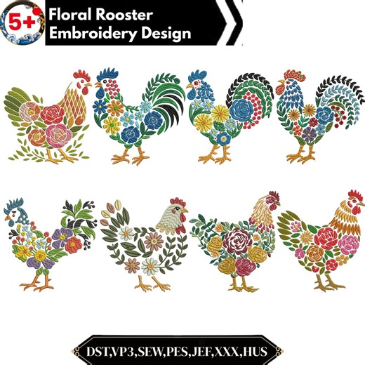 Floral Rooster Embroidery Design, Colorful Rooster Embroidery, Rustic Chicken Embroidery, Farmhouse Decor, Machine Embroidery Design - Etsy