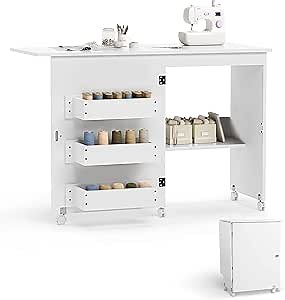 Folding Sewing Table Multipurpose Craft Station Desk Rolling Sewing Cabinet Sewing Machine Cart with Lockable Casters, Shelves, Storage Trays, Magnetic Doors, Metal Doorknobs - White