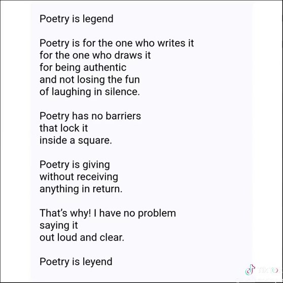 Poema en inglés: Poetry is legend Poetry is for the one who writes it for the one who draws it for being authentic and not losing the fun of laughing in silence. Poetry has no barriers that lock it inside a square. Poetry is giving without receiving anything in return. That’s why! I have no problem saying it out loud and clear. Poetry is legend #poesía #audio #poetachileno #poetry #michaelriver