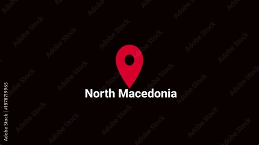 Abstract North Macedonia map location pin animation. Country location pin pointer icon animated on black background, GPS location tracking animation. 4K video