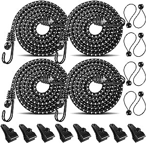 4PCS 56 Inch Bungee Cords with Hooks Heavy Duty Outdoor,Long Multi-Use Bungee Elastic Stretchy Straps Rope with Hooks,Bungie/Buggy/Bunji for Tents,Car,Trunk,Camping Tie Downs&8 Ball Ties&8 Tarp Clips
