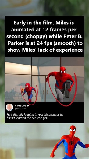 Early in the film, Miles is animated at 12 frames per second while Peter B. Parker is at 24 fps