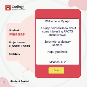 1st runner up of CodeQuest competition (Grade 3-5), Maanas of grade 5, built a resourceful app with interesting space-related facts along with a memory game.🚀 Check out the amazing projects created by our students: https://hubs.la/Q01ll4d60 Try a free class to learn to code, create your own app, build websites and games.👉https://hubs.la/Q01ll1CT0 #codingal #studentproject #coding #codingforkids #kidscancode #codinglife #codingisfun #codingkids #game #development #astronaut | Codingal