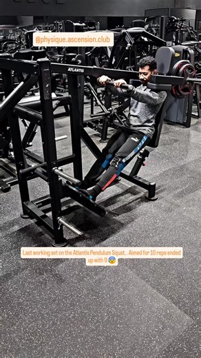 Sourav Sen on Instagram: "This was the last working set on the Atlantis Pendulum Squat machine.. Aimed for 10 reps but could manage 9..But really felt it on the last 2-3 reps.. Intentionally slowed down the tempo on the negative in order to get the most tensions where it matters, on my quads. Energy levels are improved as compared to last year but suffered a bit during yesterday's session because I hadn't taken much food prior to my workout, but still glad that I'm feeling stronger as compared t