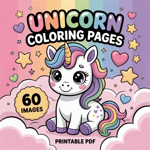 Unicorn Coloring Pages, 60 Unicorn Coloring Pages Printable PDF, Easy Cute Unicorn Coloring Book for Kids and Girls, Fun coloring
