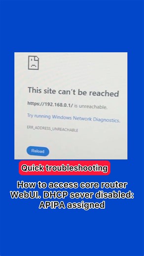 Quick troubleshooting: How to access core router WebUI. DHCP sever disabled: APIPA assigned. Might work on any router