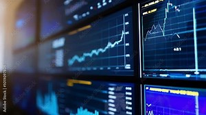 Multiple computer monitors are displaying various data points and an upward trending line graph indicating a positive trajectory. The image evokes a sense of innovation and growth