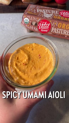 Spicy, savory, creamy and rich: This Spicy Umami Aioli really has it all. Stay tuned for a tasty and fun way to use this recipe 👀🤤Spicy Umami Aioli makes about 1 cup INGREDIENTS: 2 Vital Farms egg yolks 1 teaspoon lemon juice 1 anchovy fillet 1 garlic clove, roughly chopped 1/2 cup avocado oil 1/3 cup finely grated Parmigiano Reggiano cheese 1 teaspoon Calabrian chili paste INSTRUCTIONS: 1. In a tall jar or measuring cup (or blender if you don’t have an immersion blender), add in the egg yolks