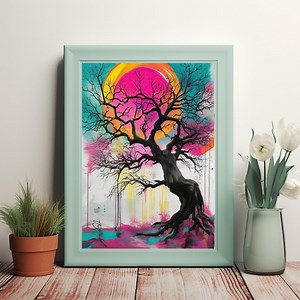 Luminous Tree of Life - Vibrant Abstract Art With Intricate Branches and Glowing Sun - Printable Wall Art for Instant Download - Etsy