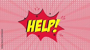 A comic strip cartoon animation, with the word Help appearing. Red and halftone background, star shape effect